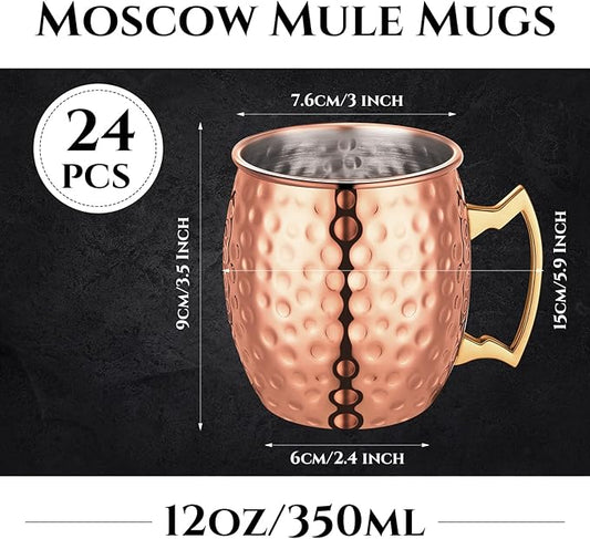 24 Pack Moscow Mule Mugs Set Copper Cups Bulk Stainless Steel Moscow Mule Cups Tarnish Resistant Hammered Finish Chilled Coffee Mugs for Cocktail Wedding Gift Drinkware(12 oz)