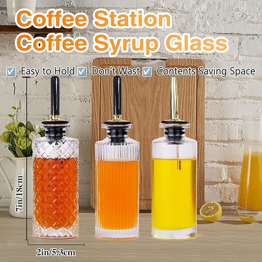 Oudizz Coffee Syrup Dispenser Set 3 Pcs - 200ml Syrup Dispenser Glass With Metal Pour Spout for Coffee Bar for Kitchen