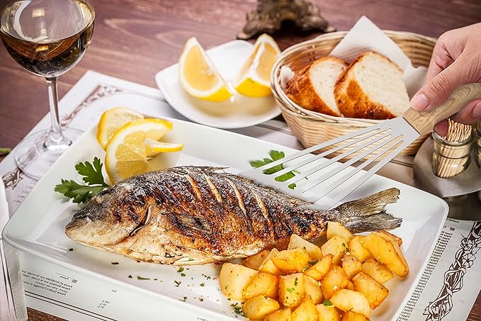 12.5In Fish Spatula, HaSteeL Stainless Steel Slotted Turner with Plastic Handle, Heavy Duty Metal Griddle Spatula for Grilling Cooking Baking Flipping Frying, Easy to Clean & Beveled Edge - 2Pcs