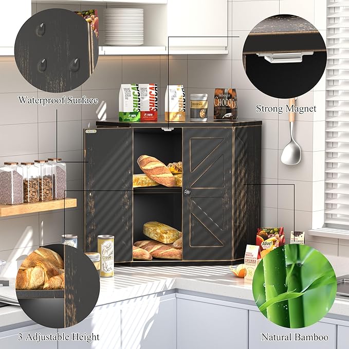 Corner Bread Box for Kitchen Countertop, Storage Container for Homemade Bread, Double Layer BreadBox, Large Capacity Bread Storage Bin, Vintage Farmhouse Breadbox Organizer,Antique Black