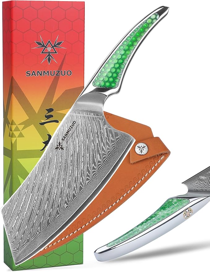 7 inch Nakiri Knife, Japanese VG-10 Damascus Steel Meat Cleaver, Ultra Sharp Vegetable Knife with Full-tang Handle in Green Resin, LA-S9 Series