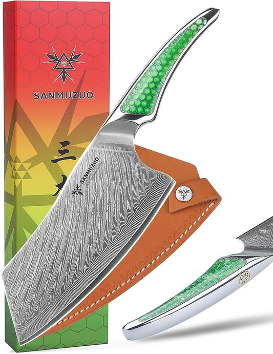 7 inch Nakiri Knife, Japanese VG-10 Damascus Steel Meat Cleaver, Ultra Sharp Vegetable Knife with Full-tang Handle in Green Resin, LA-S9 Series