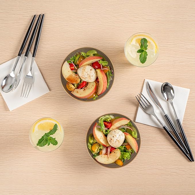 Restaurantware Plastic Bowls 100 Pcs 16 oz Gold Rimmed Disposable Soup Bowls Heavy-Duty Black Translucent Rippled Dinnerware Containers for Party, Desserts, Salads, Snacks, and Catering