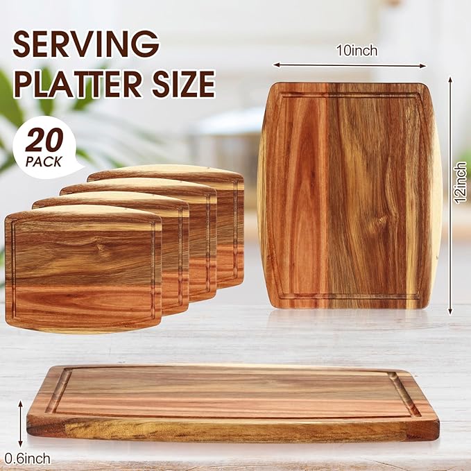Kigley 20 Pcs Acacia Wood Cutting Boards Bulk for Laser Engraving Wooden Dinner Plates with Groove Chopping Charcuterie Board Carving Tray for Housewarming Party Gifts (10 x 12 Inch)