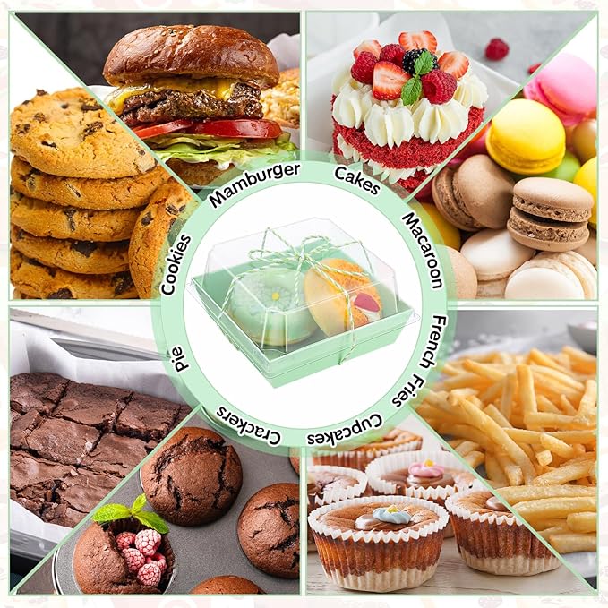 Ctosree 100 Pcs Paper Charcuterie Boxes with Clear Lids 4.5 Inches Disposable Cake Square Dessert Container Bakery Boxes Bundle with Rope for Food Cake Slice Cookie Sandwich Dessert(Light Green)