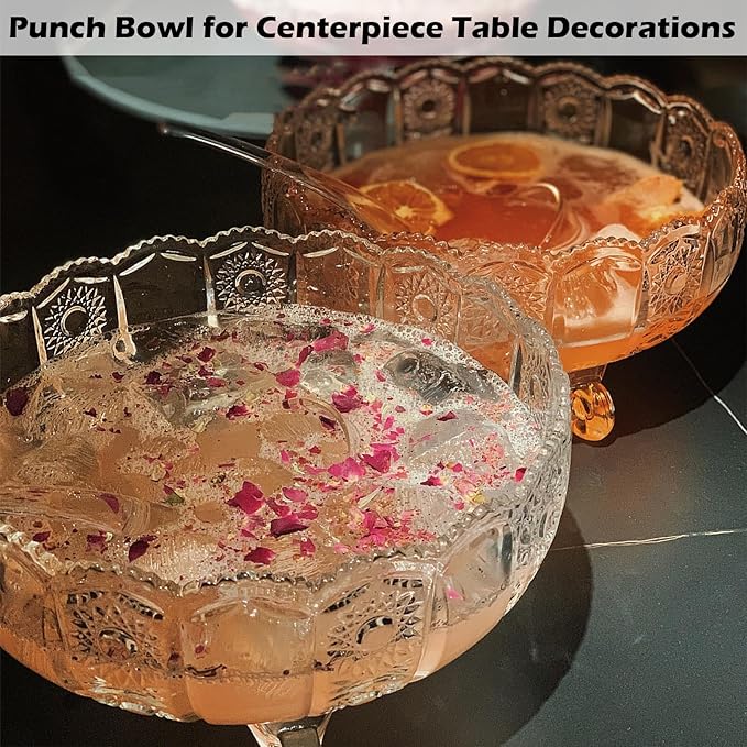 Vintage Crystal Glass Punch Bowl with Ladle - 1 Gallon Unique Design Drink Dispenser - Heavy and Sturdy PunchBowl Set for Centerpiece Table Decorations at Parties