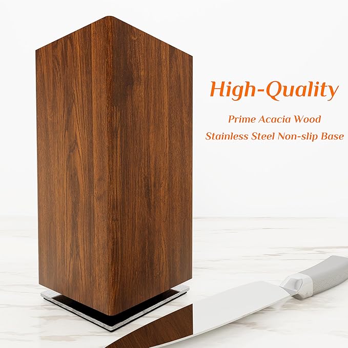 360° Rotating Magnetic Knife Block without Knives - Universal Holder for Counter Top with Removable Bristles, Acacia Wood