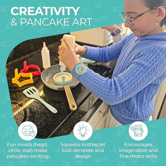 Tovla Jr. Kids Pancake Cooking Kit | Real Breakfast Set with Silicone Molds, Bottles, Spatula & Illustrated Recipes | Educational Gift for Ages 6–12, Perfect for Birthdays & Holidays