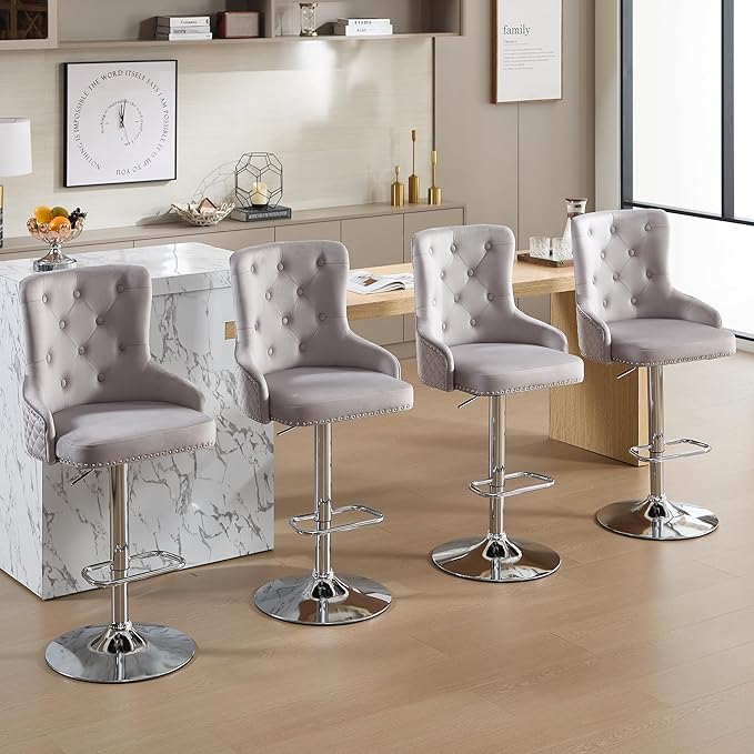 Velvet Lion Bar Stools Set of 4, Modern Height Adjustable Swivel Barstools with Chrome Base, Tufted Counter Height Bar Stools Upholstered Bar Chairs for Kitchen Island, Dining Room, Grey