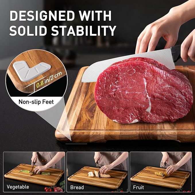 Extra Large Teak Wood Cutting Board 20inch for Kitchen Non Slip Feet Over Sink Butcher Block Chopping Board Nice Solid Thick Wooden Juice Groove Big Xl XXl large Best Hardwood Kitchen Counter Organic