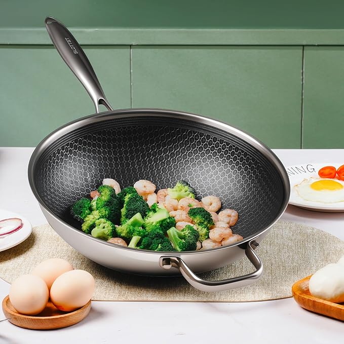 Hybrid 12-Inch Wok with Lid,Nonstick Stainless Steel Woks & Stir-fry pans,Stay-Cool Handle,PFOA Free Cookware,Dishwasher and Oven Safe,Compatible with All Cooktops