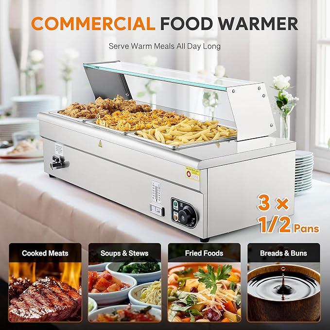 WILPREP Commercial Food Warmer with Three 1/2 Pans, Electric Warmer for Food with Sneeze Guards Adjustable Temp. & Auto Shutoff, Stainless Steel Food Heating Unit for Buffet Food Truck Hotel Catering