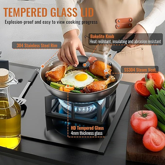 12 Inch Pan Lid For Pots Pans and Skillets, Cast Iron Skillet Lid, Large Tempered Glass Pan Lids, Replacement Pan Cover for Frying, Crock Pot Lid with Stainless Steel Rim, Cookware Pot Covers