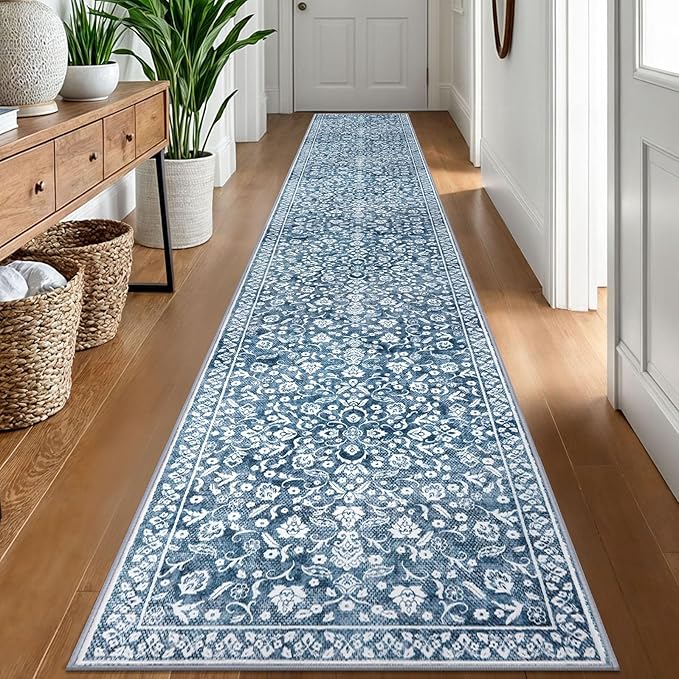 Vintage Runner Rugs for Hallway 2x12, Blue and White Washable Extra Long Hallway Runner Rug Non Slip, Super Soft Kitchen Runner Rug, Print Faux Wool Floral Thin Carpet Hall Runner