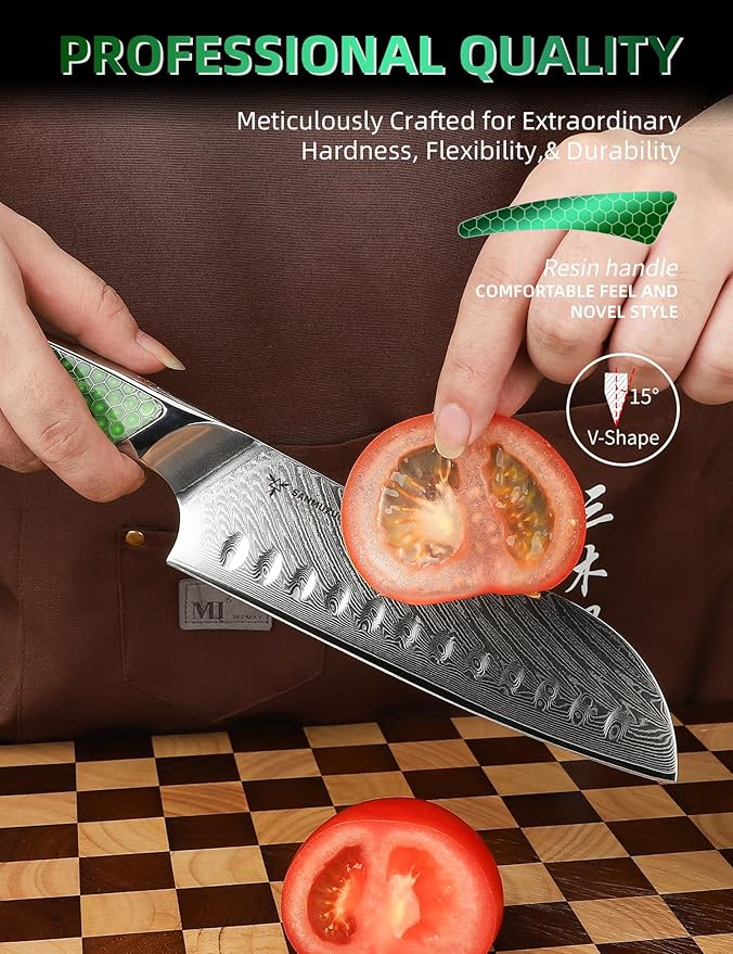 7 inch Santoku Knife, Japanese VG-10 Damascus Steel Chef Knife, Ultra Sharp Kitchen Knife with Full-tang Handle in Green Resin, LA-S9 Series