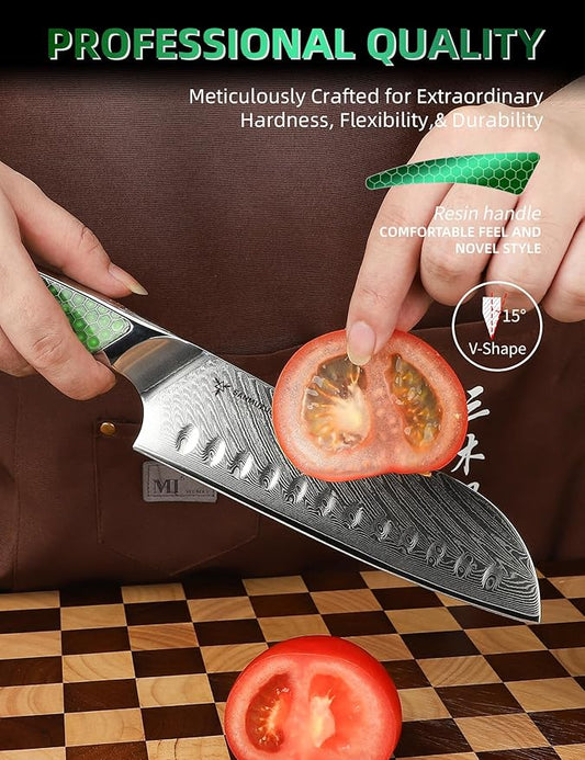 7 inch Santoku Knife, Japanese VG-10 Damascus Steel Chef Knife, Ultra Sharp Kitchen Knife with Full-tang Handle in Green Resin, LA-S9 Series