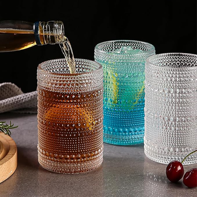 Vintage Hobnail Drinking Glasses Set of 8,Clear 12 oz & 15oz Highball Glass Cups, Kitchen Drinkware Glassware,Embossed Water Tumbler,for Beer,Cocktail,Whiskey,Juice and Various Mixed Drinks