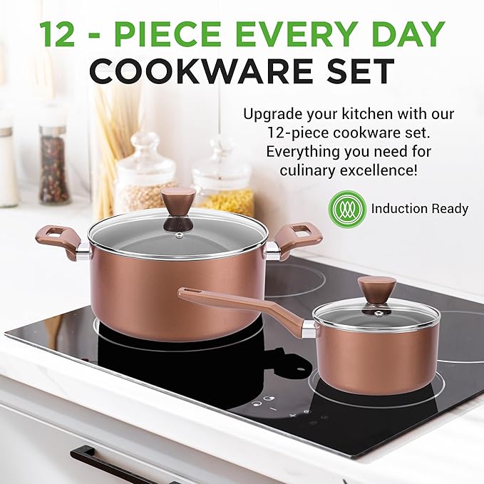 NutriChef 13-Piece Nonstick Kitchen Cookware Set-PTFE/PFOA/PFOS-Free Heat Resistant Kitchen Ware Pots Pan Set w/ Saucepan,Frying Pans,Cooking Pots,Casserole,Lids, Ladle,Fork, Strainer,Brown -NCCWA13BR