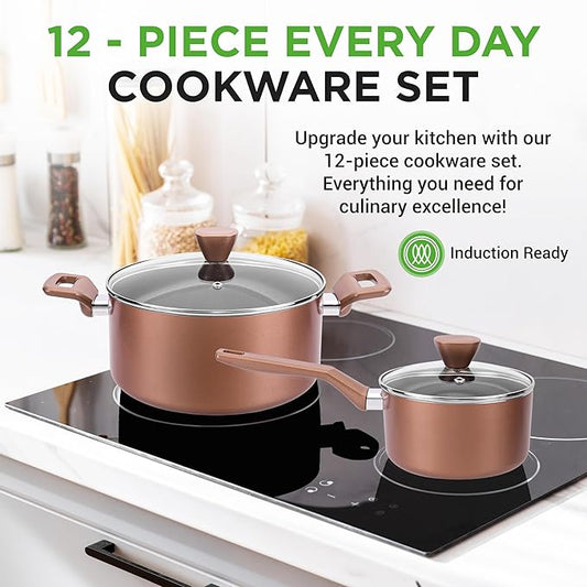NutriChef 13-Piece Nonstick Kitchen Cookware Set-PTFE/PFOA/PFOS-Free Heat Resistant Kitchen Ware Pots Pan Set w/ Saucepan,Frying Pans,Cooking Pots,Casserole,Lids, Ladle,Fork, Strainer,Brown -NCCWA13BR