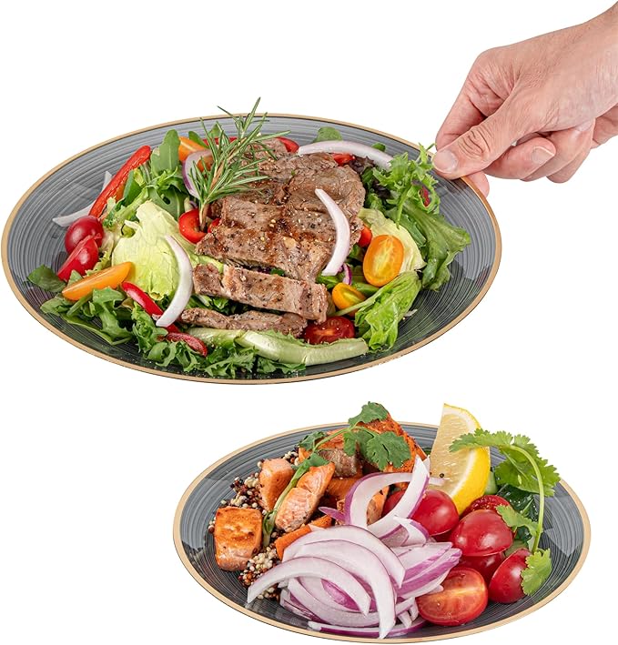 Restaurantware Plastic Plates 200 Pcs 7.13" and 10" Combo Gold Rimmed Plate Set Disposable Heavy-Duty Black Translucent Rippled Plastic Dinner Servers for Party, Weddings, Salads, Desserts