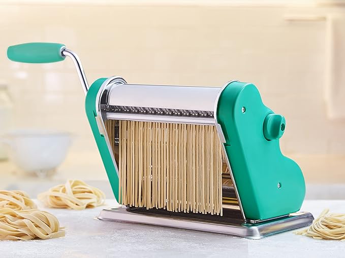 PASTALINDAClassic 200 Pasta Maker Machine, 20 cm Wide Rollers, 9 Thickness Positions, 2 Cutting Positions, Stainless Steel. Includes Reinforced Hand Crank And Two Clamps (Green)