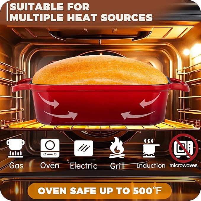 Cast Iron Bread Loaf Pan with Lid, 2 In 1 Loaf Pans for Baking Bread 9x5, Enameled Bread Pans for Homemade Bread, Sourdough, Even Heating Bread DutchOven, Red