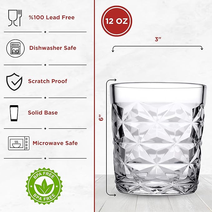 Premium Old Fashioned Whiskey Glasses Set of 6 – 12 oz Scotch & Bourbon Glasses, Heavy Solid Base Liquor Tumblers for Cocktail, Rum & Vodka – Crystal Design Barware, Gift for Men, Party, Home