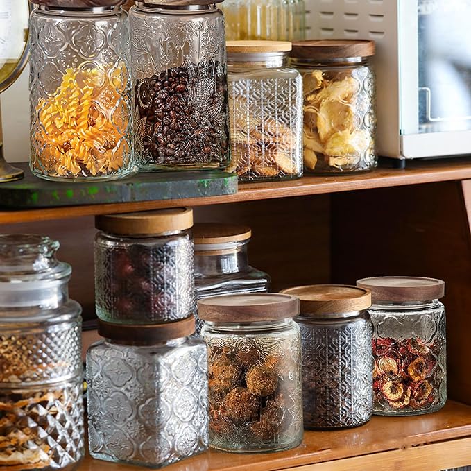 24 OZ Glass Storage Jar with Airtight Bamboo Wooden Lids, Vintage Food Containers Canisters Sets for Kitchen Counter Pantry, Sugar, Flour, Candy, Tea, Coffee Beans, Oats, Grain Bin, Pasta, Cereal