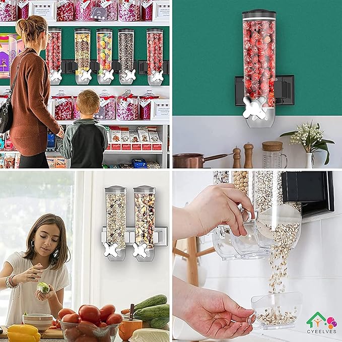 Triple Food Dispenser Wall Mounted Cereal Dispenser, Grains Dispenser Wall Mounted Dry Food Dispenser with 3 Cup, Candy Dispenser Snack Container for Kitchen Store Nut Coffee Beans 4.5L
