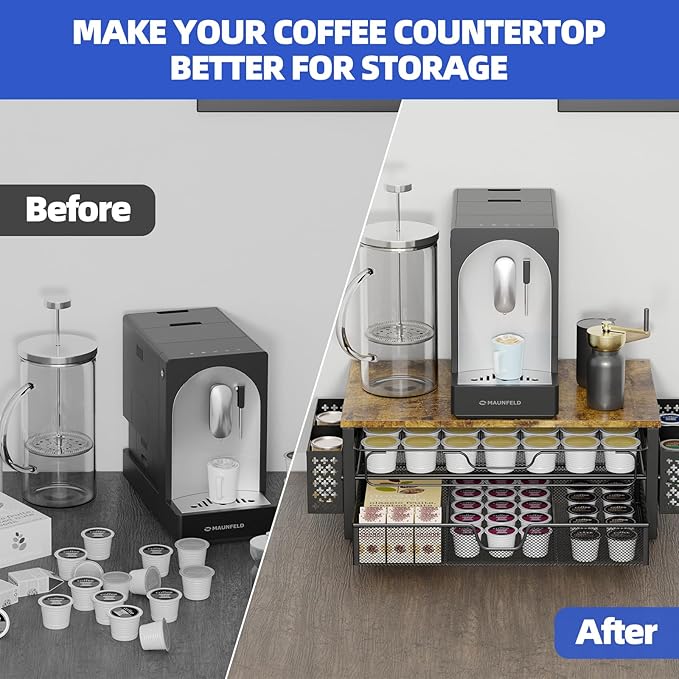 Simple Trending Coffee Pod Holder for K Cups, with 2 Tier Slidng Storage Drawer and Coffee Accessories Holder, 63 Large or 80 Small Capsule Organizer, Black