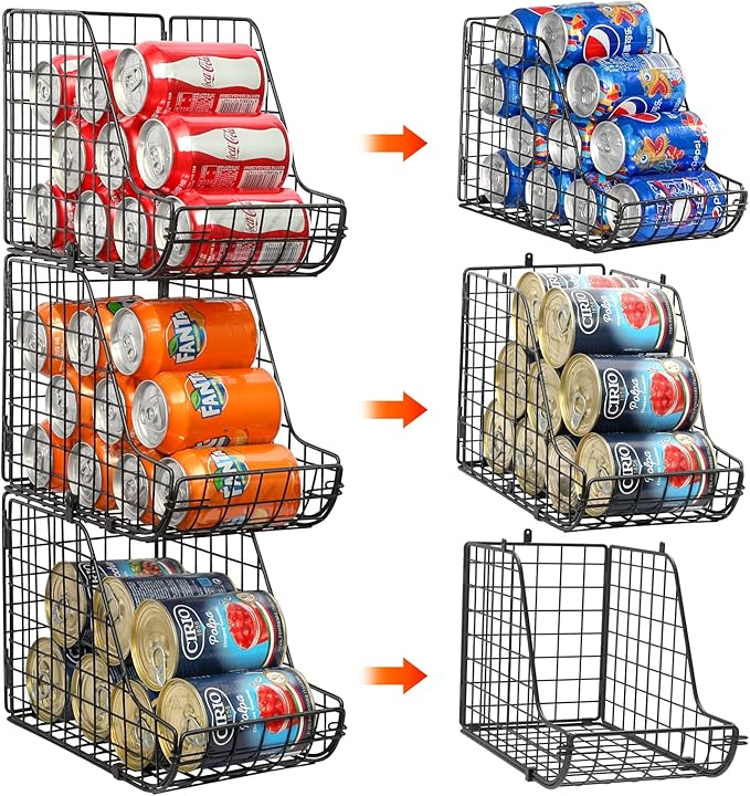 X-cosrack Stackable Can Organizer for Pantry 3Pack,Standing Dispenser Storage Bins,Metal Wire Basket Beverage Pop Soda Rack Stand Kitchen Pantry Countertop Cabinets,Stacking Canned Food Holder
