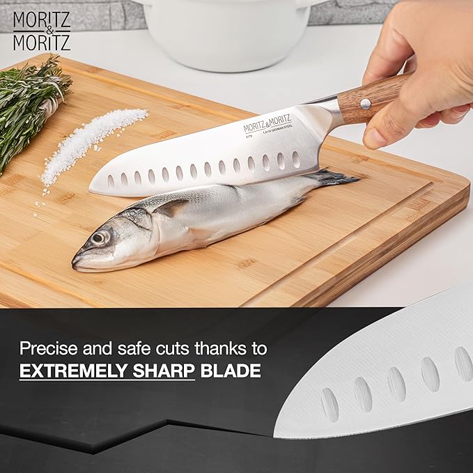 Moritz & Moritz 7-Inch Santoku Knife β Japanese Chef Knife with German Steel Blade, Acacia Wood Handle, Professional Kitchen Knives for Meat, Vegetables, Sushi, Chopping & Slicing