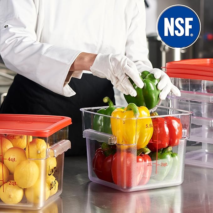 CURTA 4 Pack Food Storage Container with Red Lid - NSF Commercial Grade in 6.0 Qt - Square, Clear, Polycarbonate