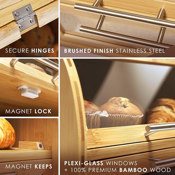 Arise Stylish Bamboo Bread Box for Kitchen Countertop, Extra Large 2-Shelf Wooden Bread Storage Container with Clear Windows and Air Vents Keep Bread, Bagels and Rolls Fresh, Self Assembly