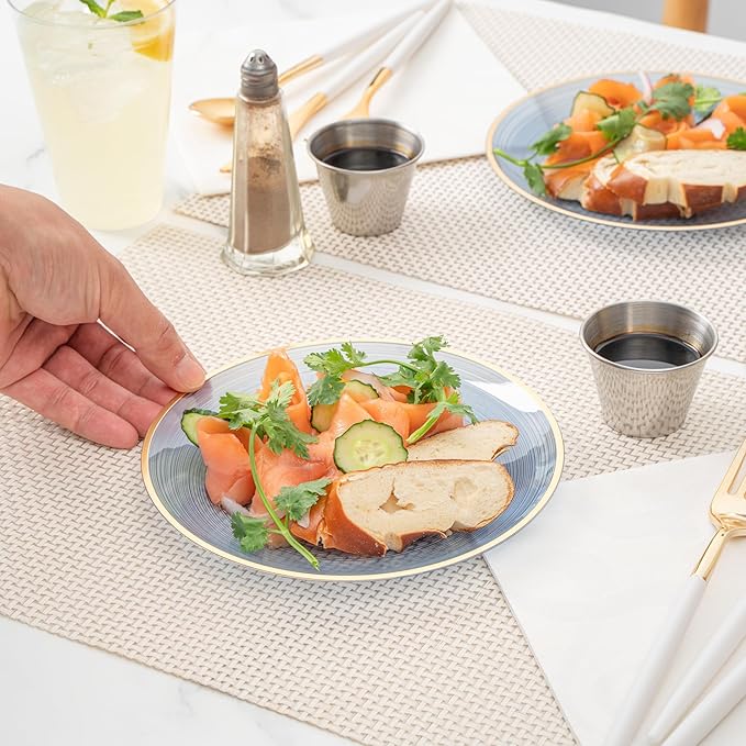 Restaurantware Plastic Plates 20 Pcs 7.25" Gold Rimmed Disposable Plates Heavy-Duty Blue Translucent Rippled Plastic Dinner Servers for Party, Weddings, Salads, Desserts, and Appetizers