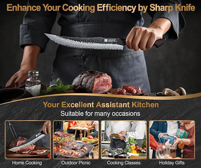 XINZUO 10 Inch Brisket Carving Knife,67-Layer Damascus Steel,Razor Sharp Curved Butcher Breaking Knives For Meat Cutting With White Oak + Red G10 Gasket Handle