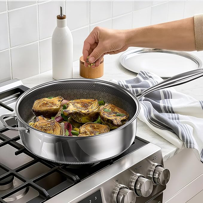 5 Qt Saute Pan with Lid, 10-inch 5 Ply Stainless Steel Pan with Lid, Non Stick Frying Pans, Cooking Pot Deep Frying Pan Non-Toxic, For Induction, Oven, Dishwasher Safe