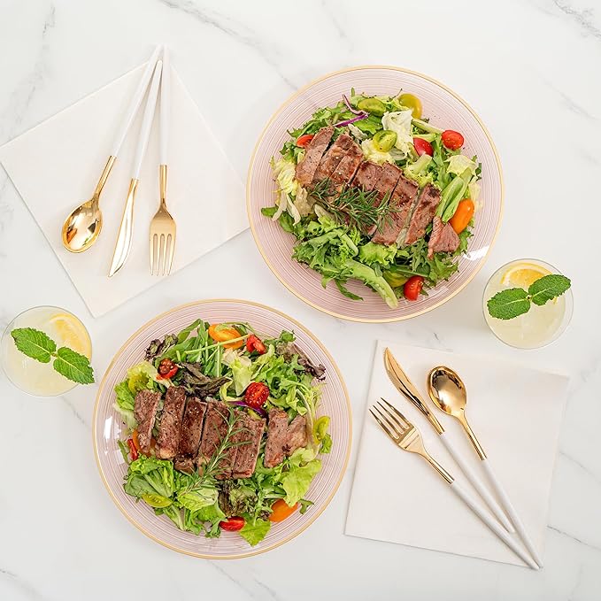 Restaurantware Plastic Plates 100 Pcs 10" Gold Rimmed Disposable Plates Heavy-Duty Pink Translucent Rippled Plastic Dinner Servers for Party, Weddings, Salads, Desserts, and Appetizers