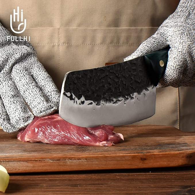 FULLHI Portable 12pcs Butcher Knife Set Green Woodhandle with Knife Bag Hand Forged Chef Boning Knife High Carbon Steel Viking for Kitchen, Camping, BBQ
