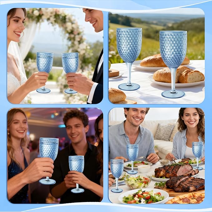 12PCS Blue Plastic Wine Glasses 13oz,Acrylic Goblets Toasting Glassware,Unbreakable Cups Drinking Glasses for Bar Party,Wedding