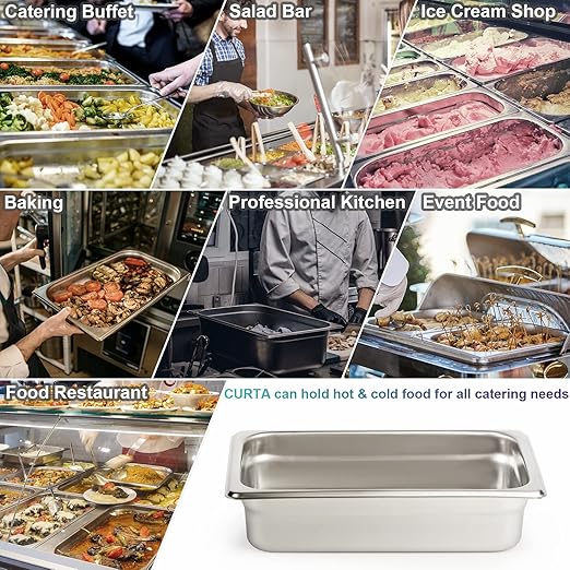 CURTA 6 Pack Anti-Jam Hotel Pans, 1/4 Size 2 1/2 Inch Deep, NSF Commercial 18/8 Stainless Steel Chafing Steam Table Pan, Catering Storage Metal Food Pan