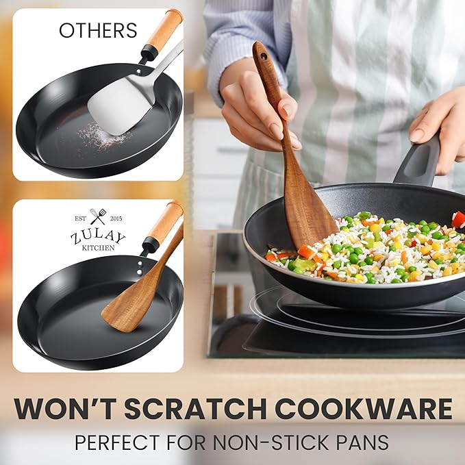 Zulay Kitchen Teak Wood Utensil Set โ 7 Piece Wooden Cooking Utensils โ Slotted Spoon, Bowl Scraper, Solid & Slotted Turner, Salad Spoon, Fork & Tongs โ Durable, Nonstick Safe & Smooth Finish