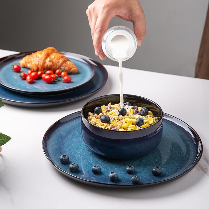 LERATIO Ceramic Dinnerware Sets for 8,Stoneware Plates and Bowls Sets,Reactive Glaze Dishes Set,Highly Chip and Crack Resistant | Dishwasher & Microwave & Oven Safe Dishes set,Service for 8-Blue(24pc)