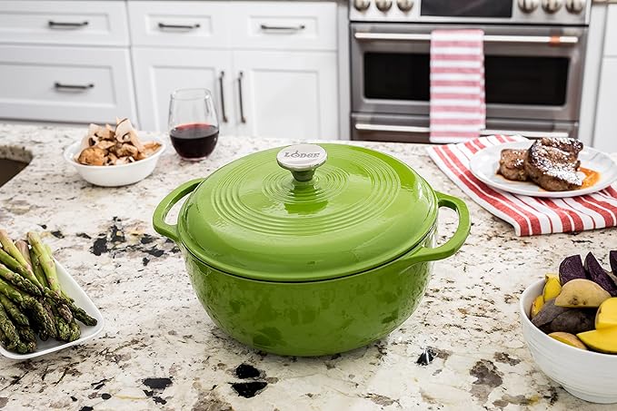 Lodge 6 Quart Enameled Cast Iron Dutch Oven with Lid – Dual Handles – Oven Safe up to 500° F or on Stovetop - Use to Marinate, Cook, Bake, Refrigerate and Serve – Avocado