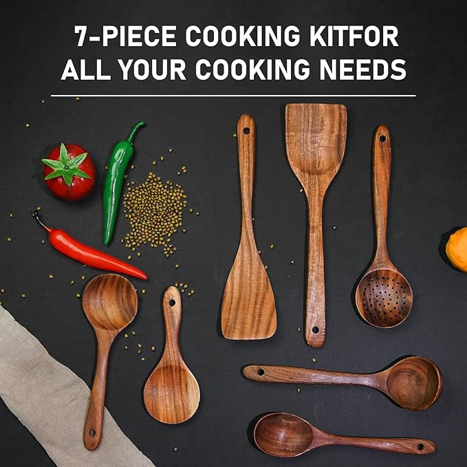 FJNATINH 7-Piece Nonstick Wooden Cooking Utensils Set, Natural and Healthy Kitchen Utensils(7 Pcs)