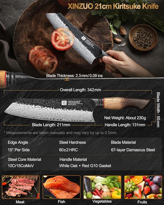 XINZUO 8.3 Inch Kiritsuke Chef Knife, Forged 67 Layers 10Cr15Comov High Carbon Damascus Steel Professional Kitchen Knife,Super Sharp,White Oak + Red G10 Gasket Handle