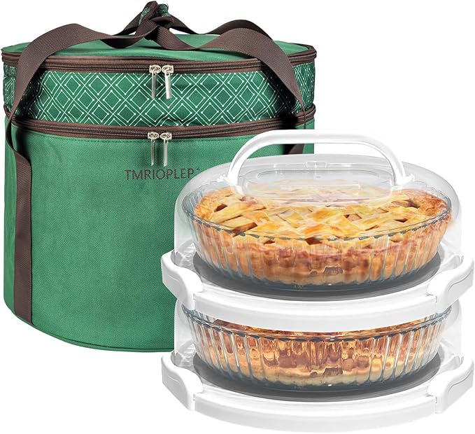 2 Pack Pie Carrier with Lids and Handles, Loadable Cupcake or Pizza Storage Containers, Includes Insulated Bags and Insulated Non-Slip Pads, Perfect for Transportation (Green)