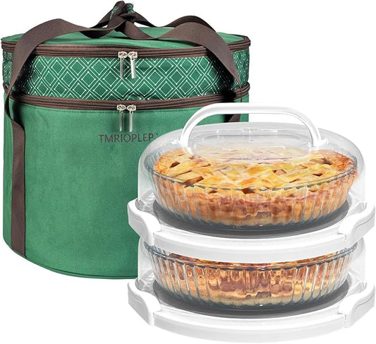 2 Pack Pie Carrier with Lids and Handles, Loadable Cupcake or Pizza Storage Containers, Includes Insulated Bags and Insulated Non-Slip Pads, Perfect for Transportation (Green)