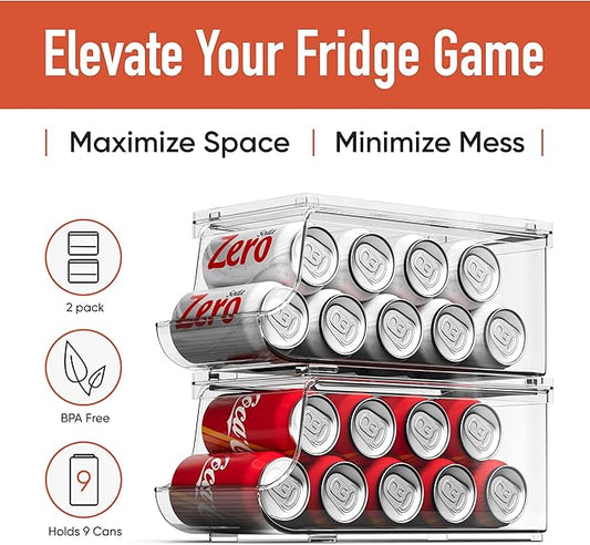 Set of 2 Stackable Drink Can Organizer for Fridge, Freezer, Kitchen, Countertops, Cabinets - Soft Drink Holder for Refrigerator with Lid, Soda Can Dispenser, BPA Free, Holds 9 Cans Each