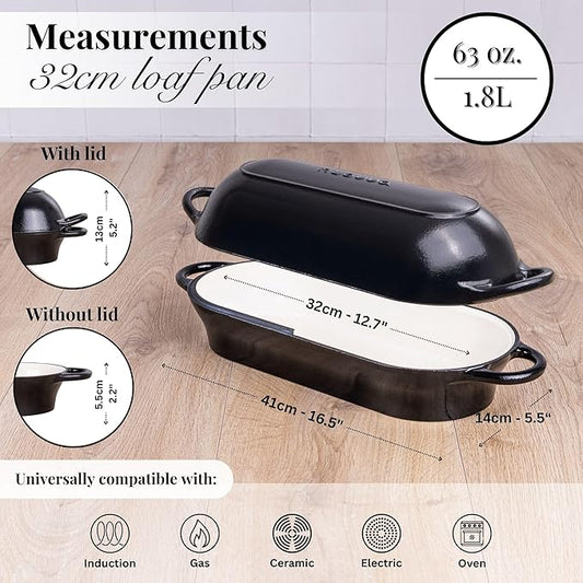 Enamelled Cast Iron Bread Loaf Pot – Dutch Oven For Sourdough Bread Baking – Oven Safe Non Stick Bread Pot – Rectangular, Black, 34cm x 16cm – by Nuovva